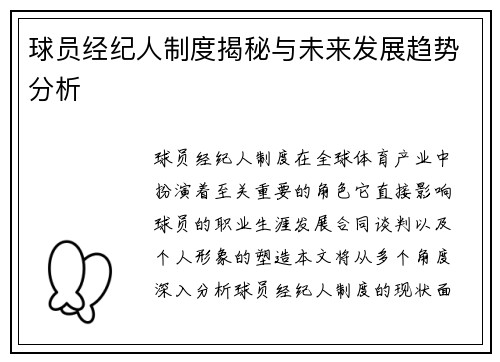 球员经纪人制度揭秘与未来发展趋势分析