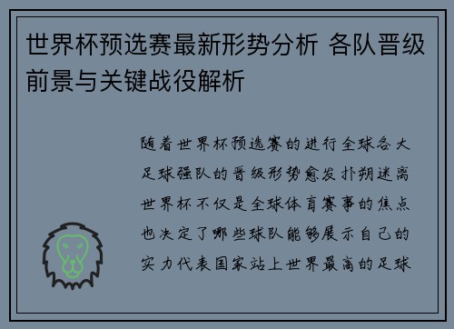 世界杯预选赛最新形势分析 各队晋级前景与关键战役解析