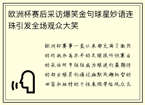 欧洲杯赛后采访爆笑金句球星妙语连珠引发全场观众大笑