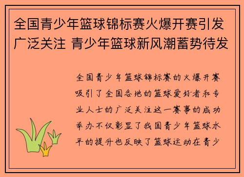全国青少年篮球锦标赛火爆开赛引发广泛关注 青少年篮球新风潮蓄势待发