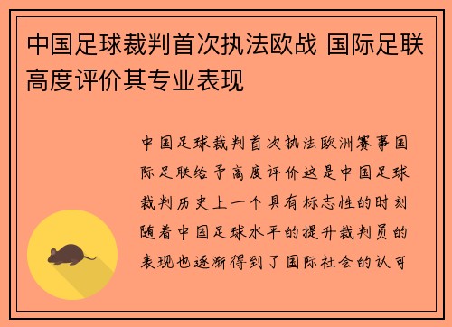 中国足球裁判首次执法欧战 国际足联高度评价其专业表现 中国足球裁判首次执法欧战 国际足联高度评价其专业表现